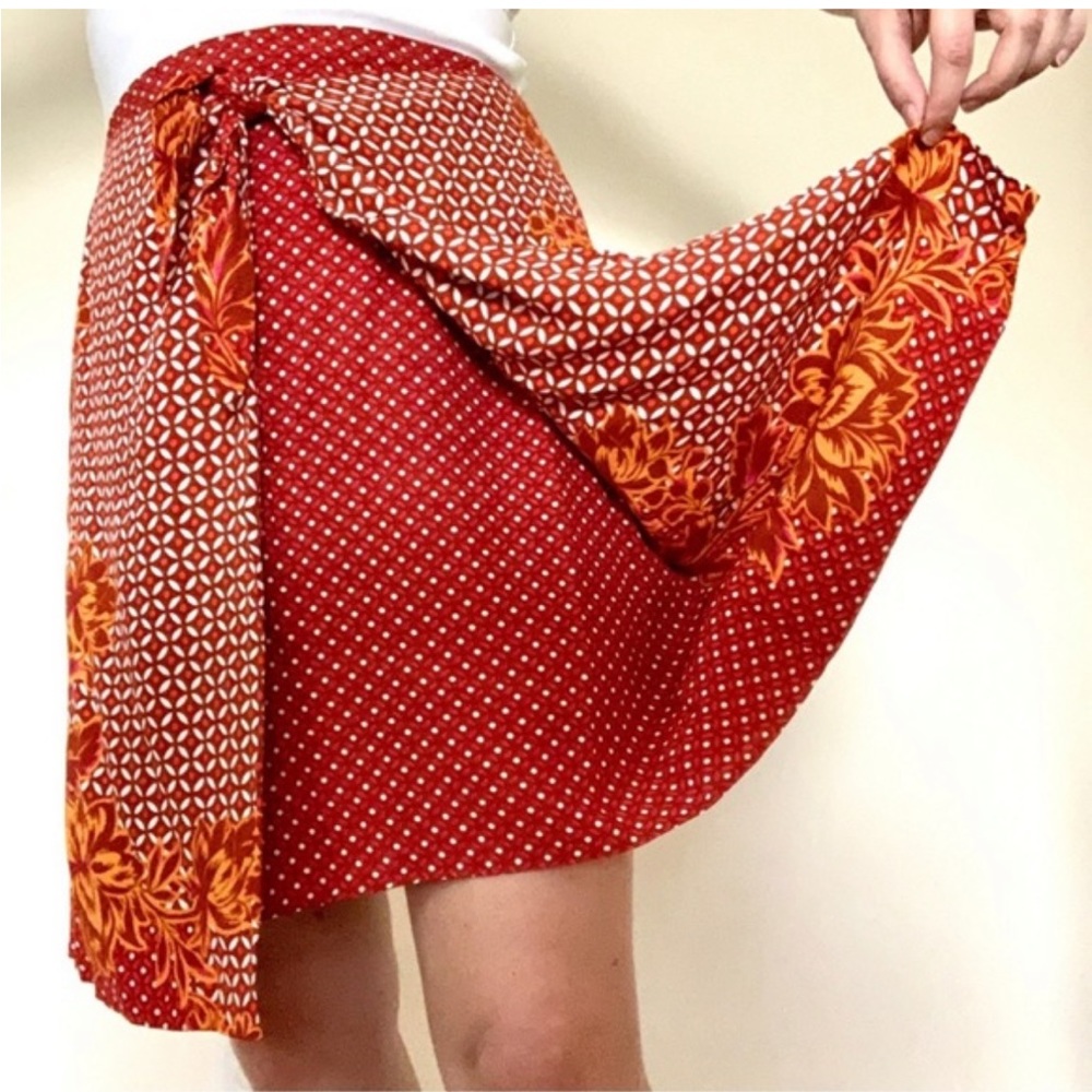Maeve Anthropologie Red Orange Tie Front Mixed Pattern Skirt